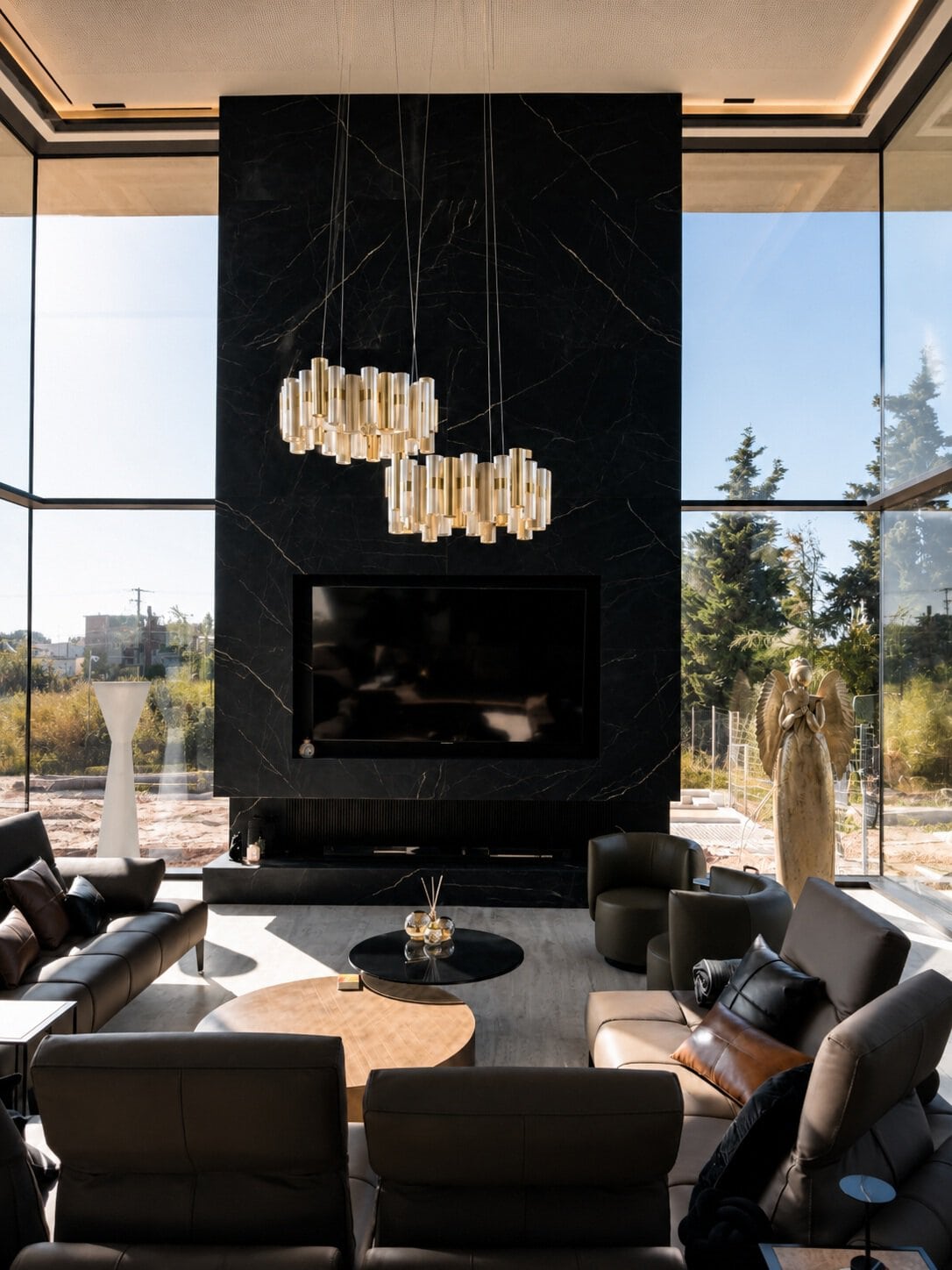 Luxury living room in a private residence in Evia with ALUMIL curtain wall and large-scale glazing