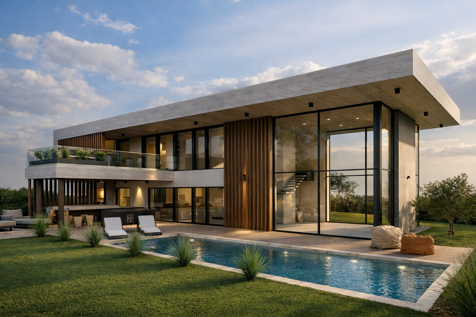 Contemporary luxury villa with Alumil M7 corner curtain wall & minimal frames