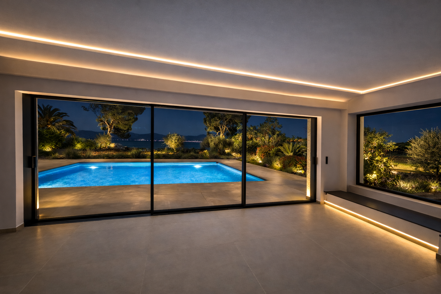 Large minimal aluminium sliding windows overlooking the sea in Amarynthos Evia