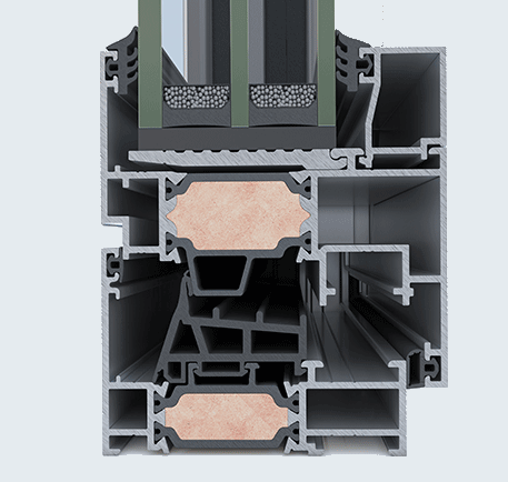 Cross section of ELVIAL ESSENCE W67 HI² thermally insulated aluminium window system