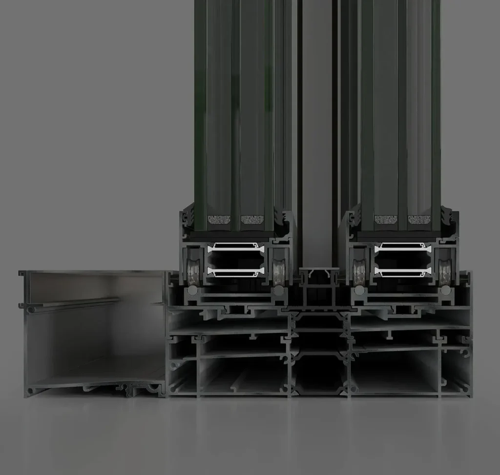Cross-section of the ELVIAL MINIMAL LOOK S68 AI² minimal sliding aluminium system showing slim profiles, glazing and thermally insulated construction.