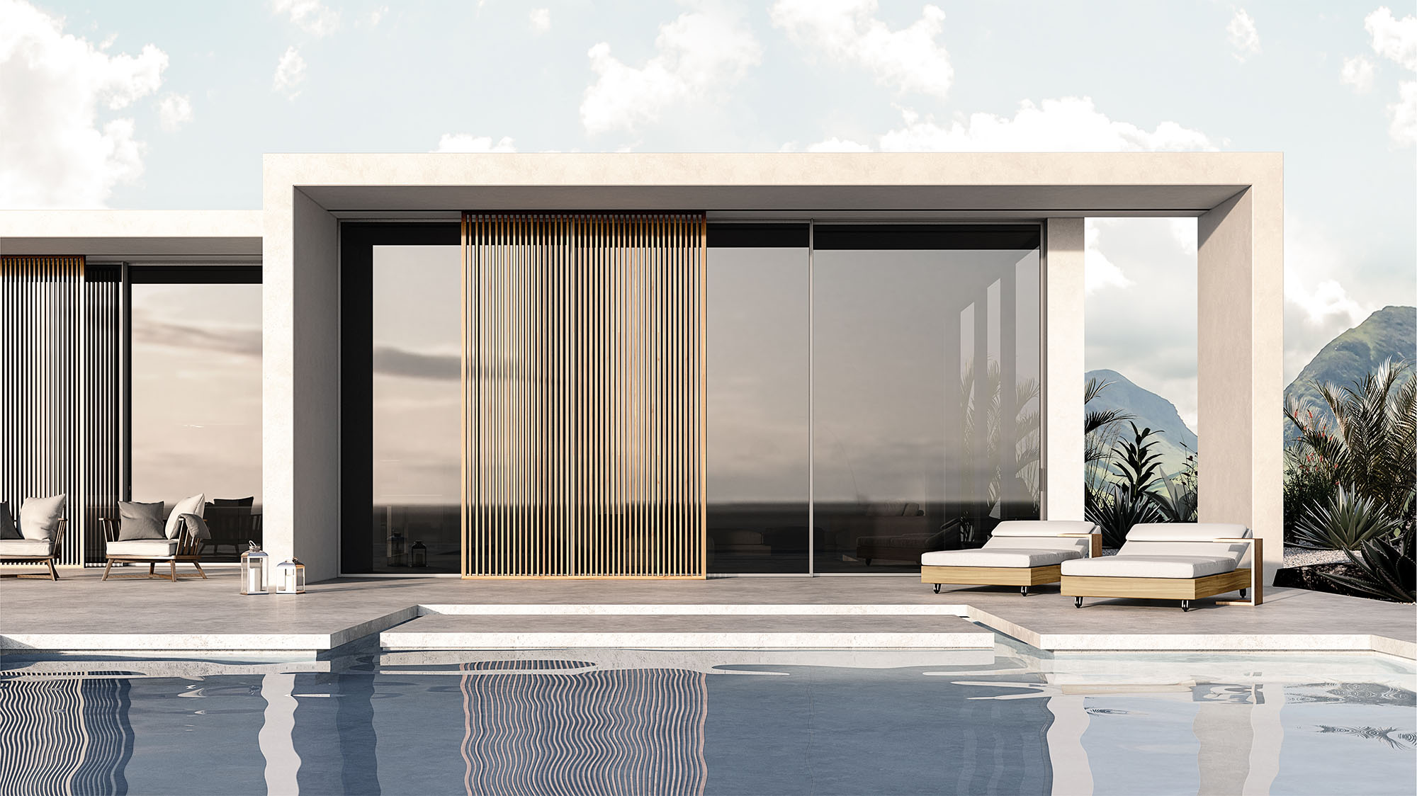 Modern luxury residence featuring ELVIAL MINIMAL LOOK SL52 HI² minimal sliding aluminium doors with slim frames, large glazed openings and flush architectural design.