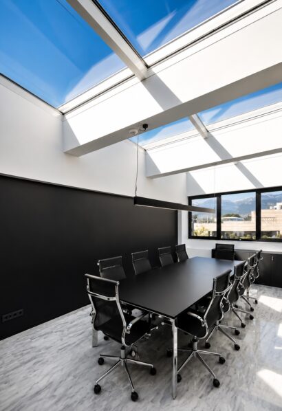 Minimal aluminium atrium skylight with Europa EAS 7000 at offices in Kifisia