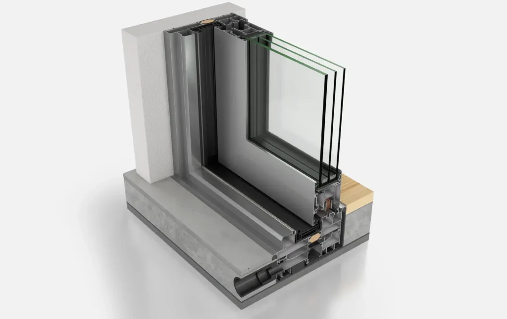 Technical section of the ELVIAL SL60 HI² Classic thermally insulated lift and slide aluminium system with triple glazing and integrated drainage.