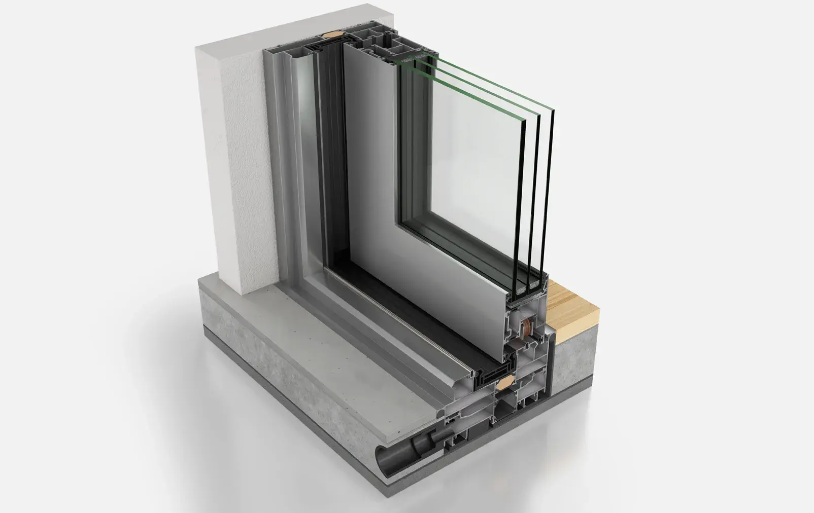 Technical section of the ELVIAL SL60 HI² Classic thermally insulated lift and slide aluminium system with triple glazing and integrated drainage.