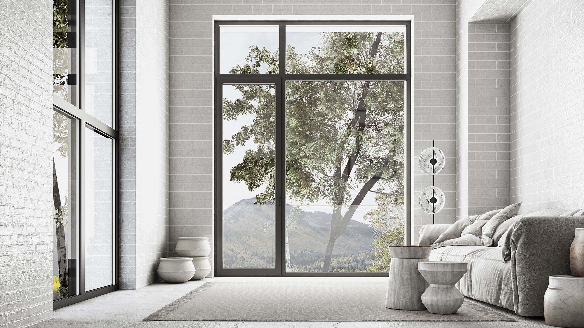 Modern residential interior featuring ELVIAL W59 aluminium windows with large glazed openings and slim frames.