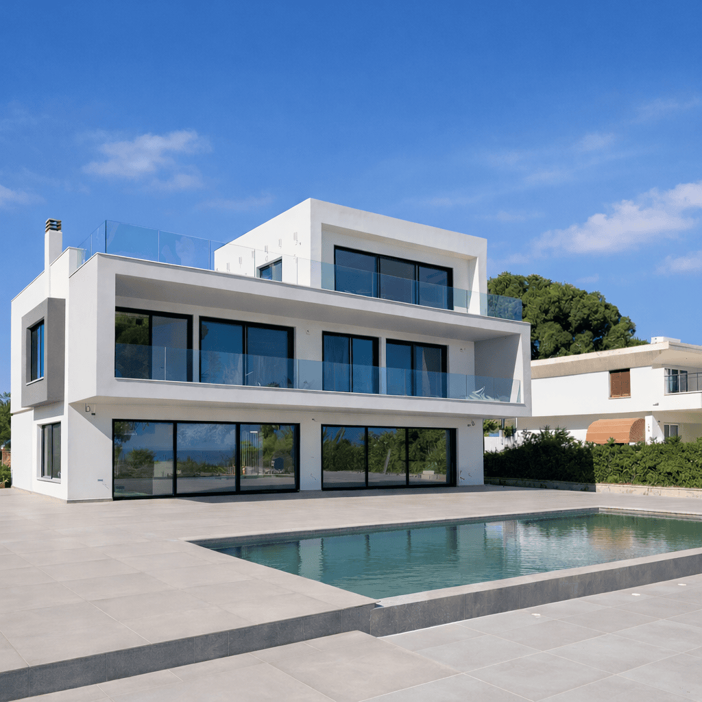 Minimal aluminium windows at seaside private residence in Amarynthos Evia Greece