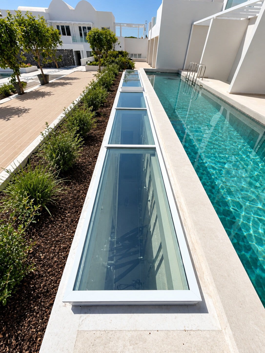 Long aluminium glass atrium next to swimming pool at Santorini hotel