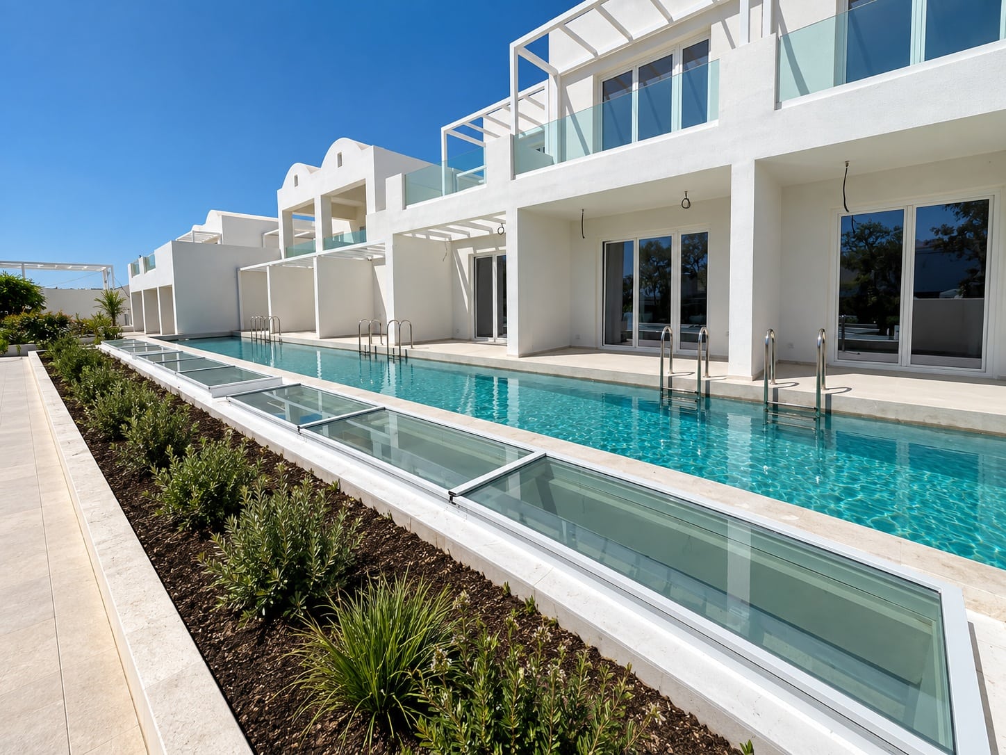 Long glass aluminium atrium next to swimming pool at Santorini Heart Hotel and Spa