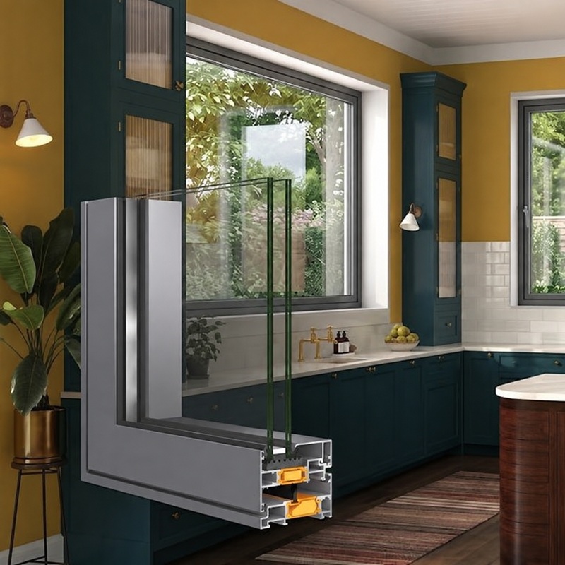 Alumil S85 aluminium window system with detailed thermal break profile section in a modern interior