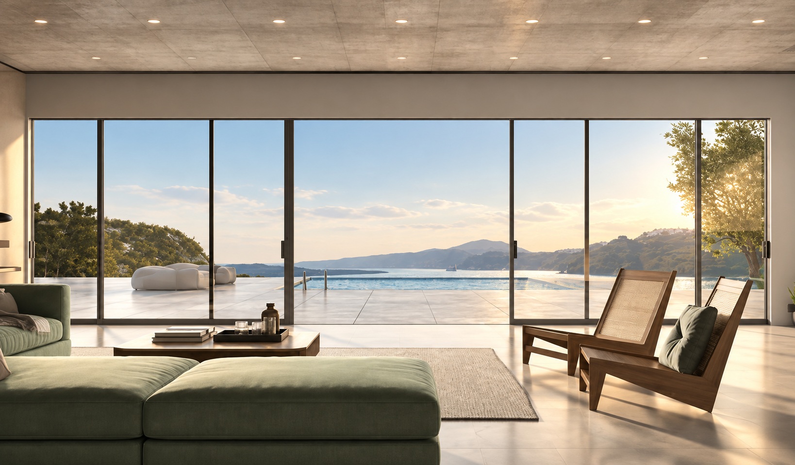 ALUMIL SMARTIA M630 PHOS minimal sliding aluminium doors with slim frames in a luxury living room overlooking a panoramic sea view