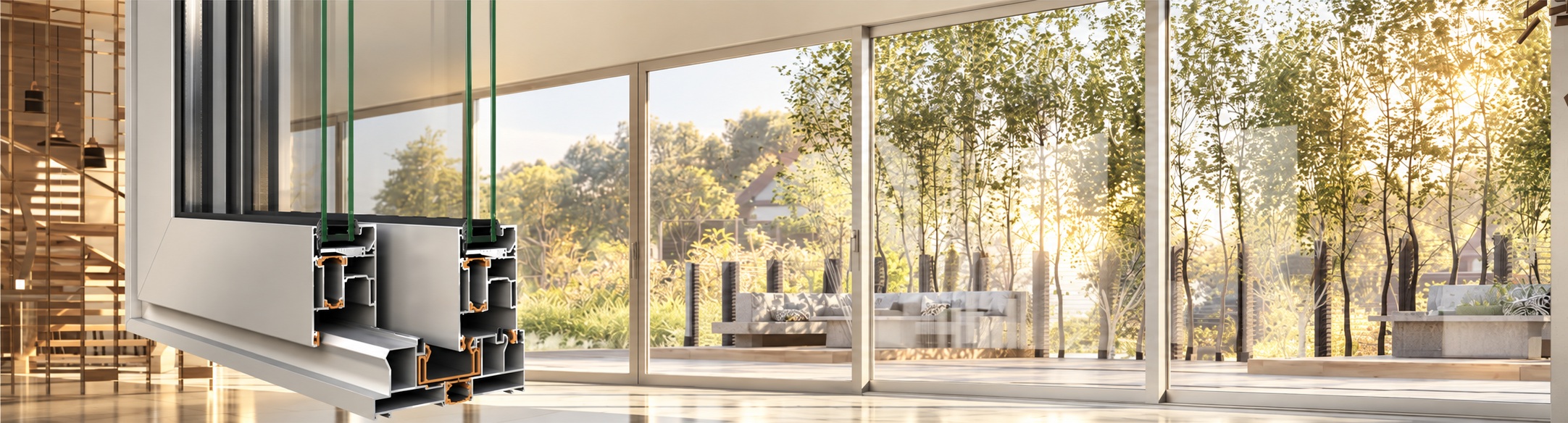 ALUMIL SMARTIA S560 sliding aluminium system with large glazed openings, slim frames and detailed profile cross section