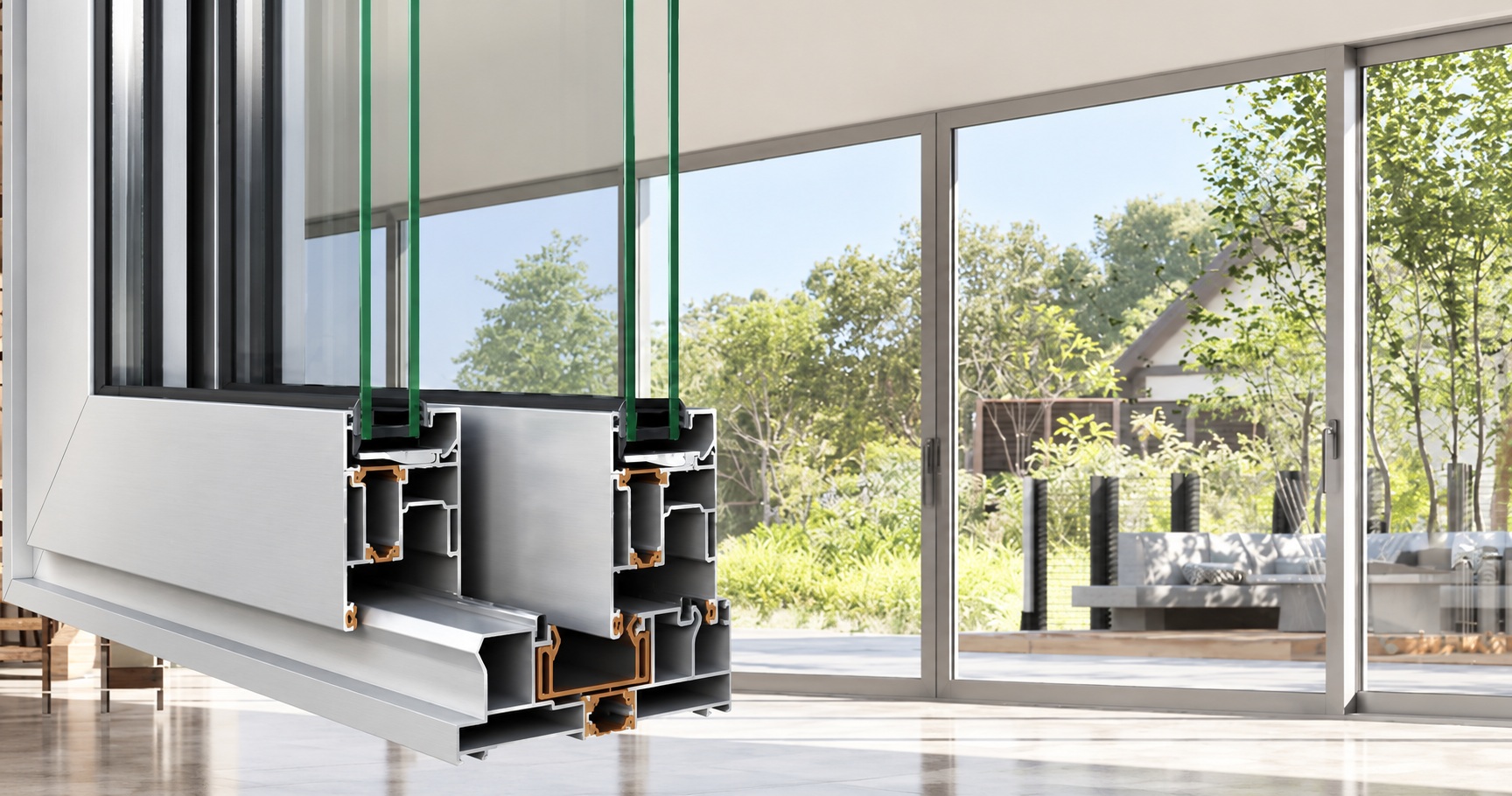 ALUMIL SMARTIA S560 sliding aluminium system with detailed profile section and large glazed openings in a modern interior.