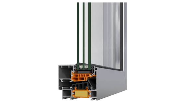ALUMIL SMARTIA S77 PHOS aluminium window system cross section showing the thermally insulated profile and glazing configuration