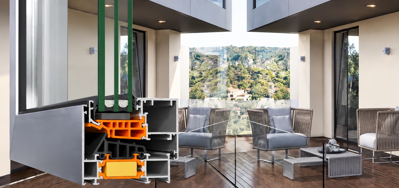 ALUMIL SMARTIA S77 PHOS aluminium window system with detailed thermal break profile section in a modern architectural setting.