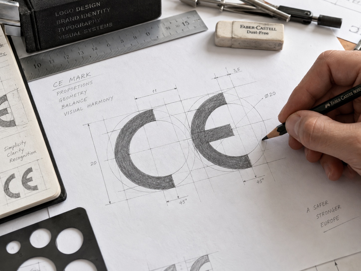 Graphic designer sketching the CE mark by hand with geometric construction lines and measurements.