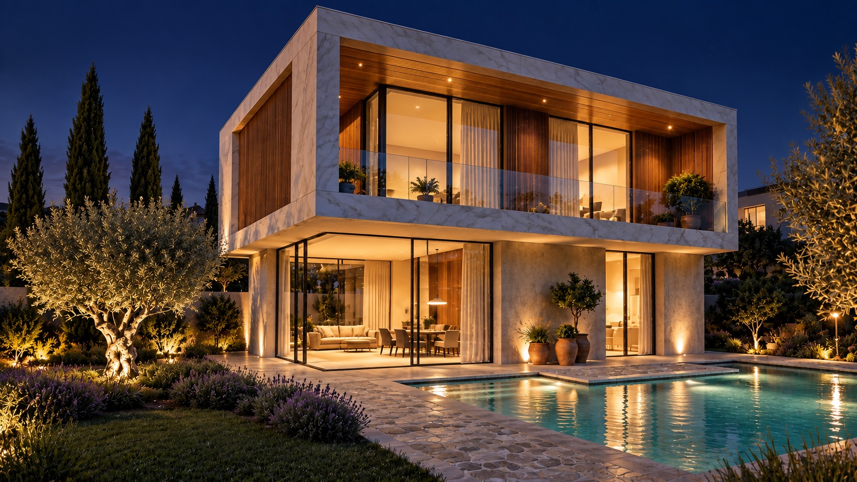 EUROPA EMF 60 Hybrid minimal sliding glazing in luxury villa at night