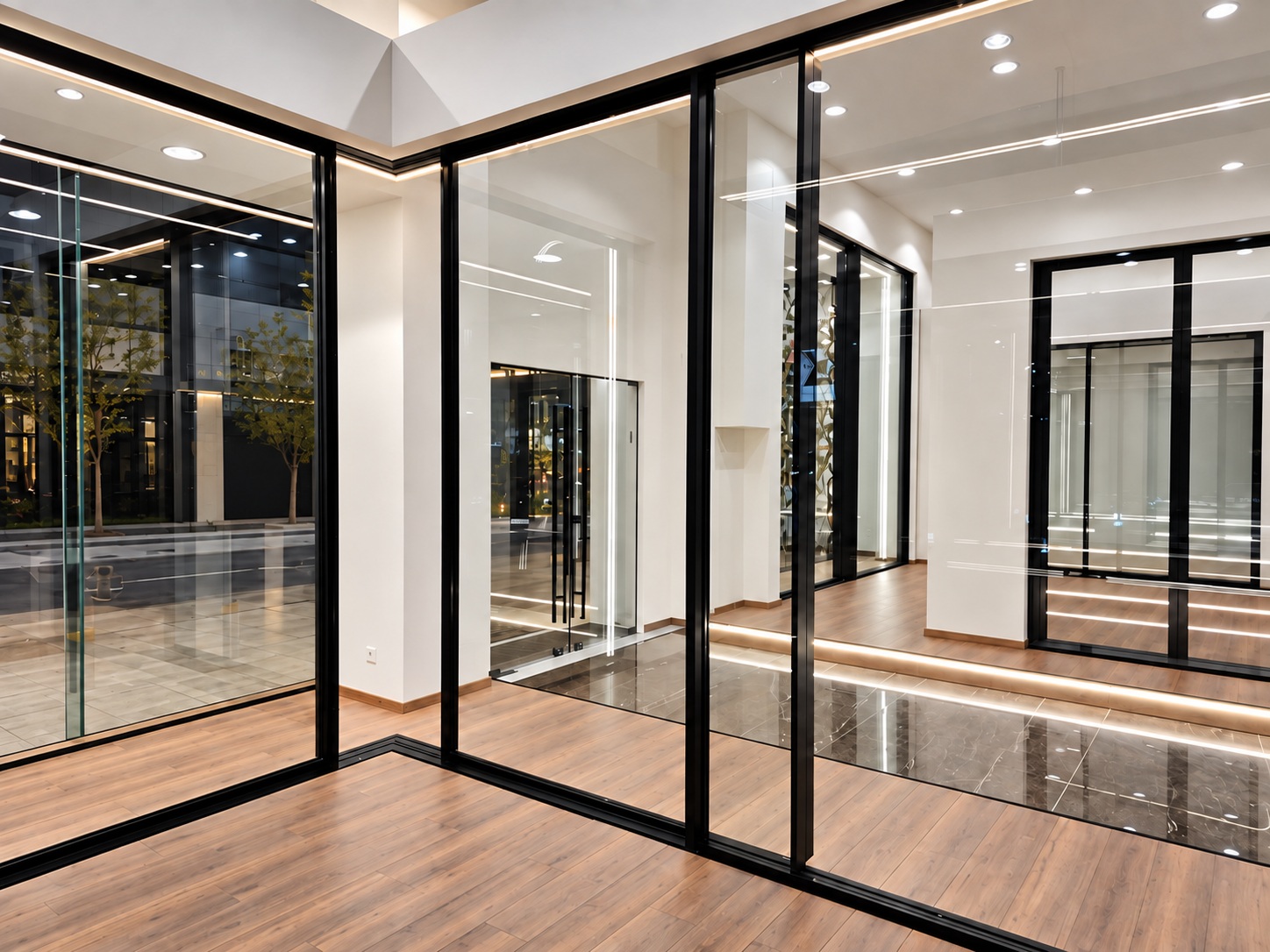 EUROPA EMF 60 Hybrid minimal aluminium corner detail in showroom