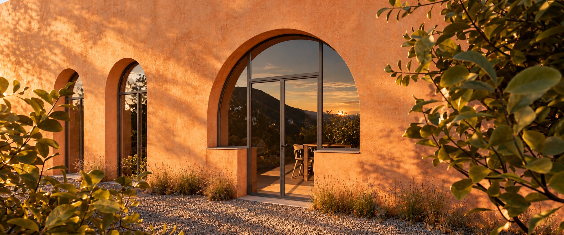 Forster Unico XS slim steel windows and doors with narrow profiles integrated into arched openings of a contemporary Mediterranean façade