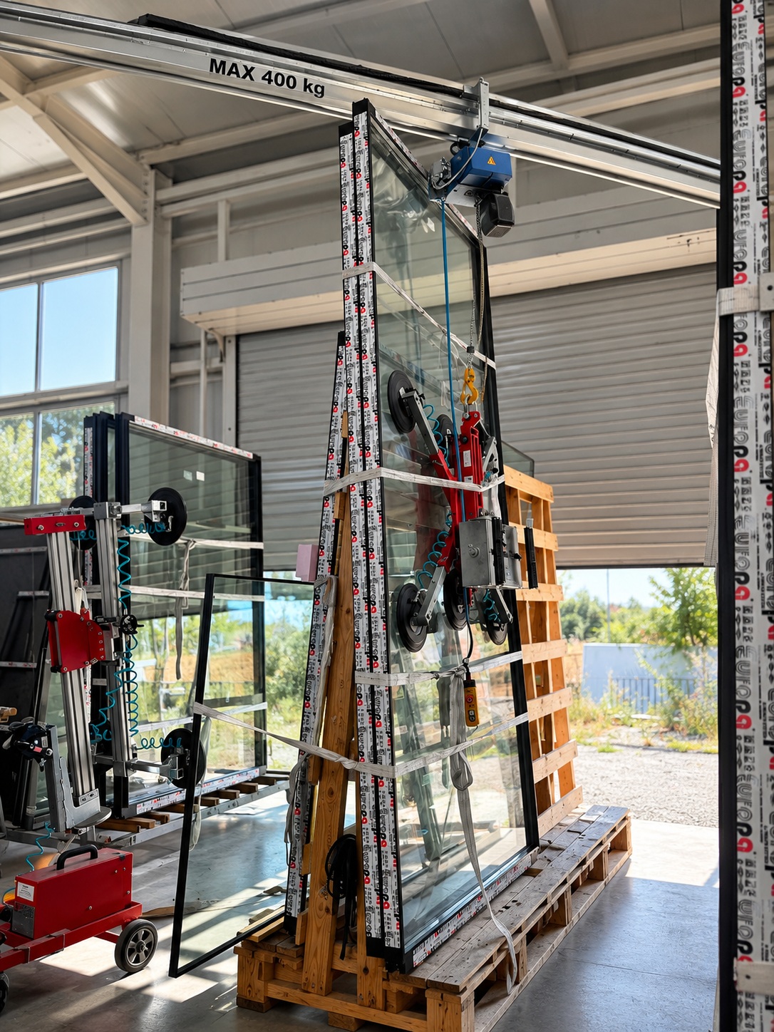 Glass handling and lifting equipment used during assembly of a large minimal sliding aluminium system