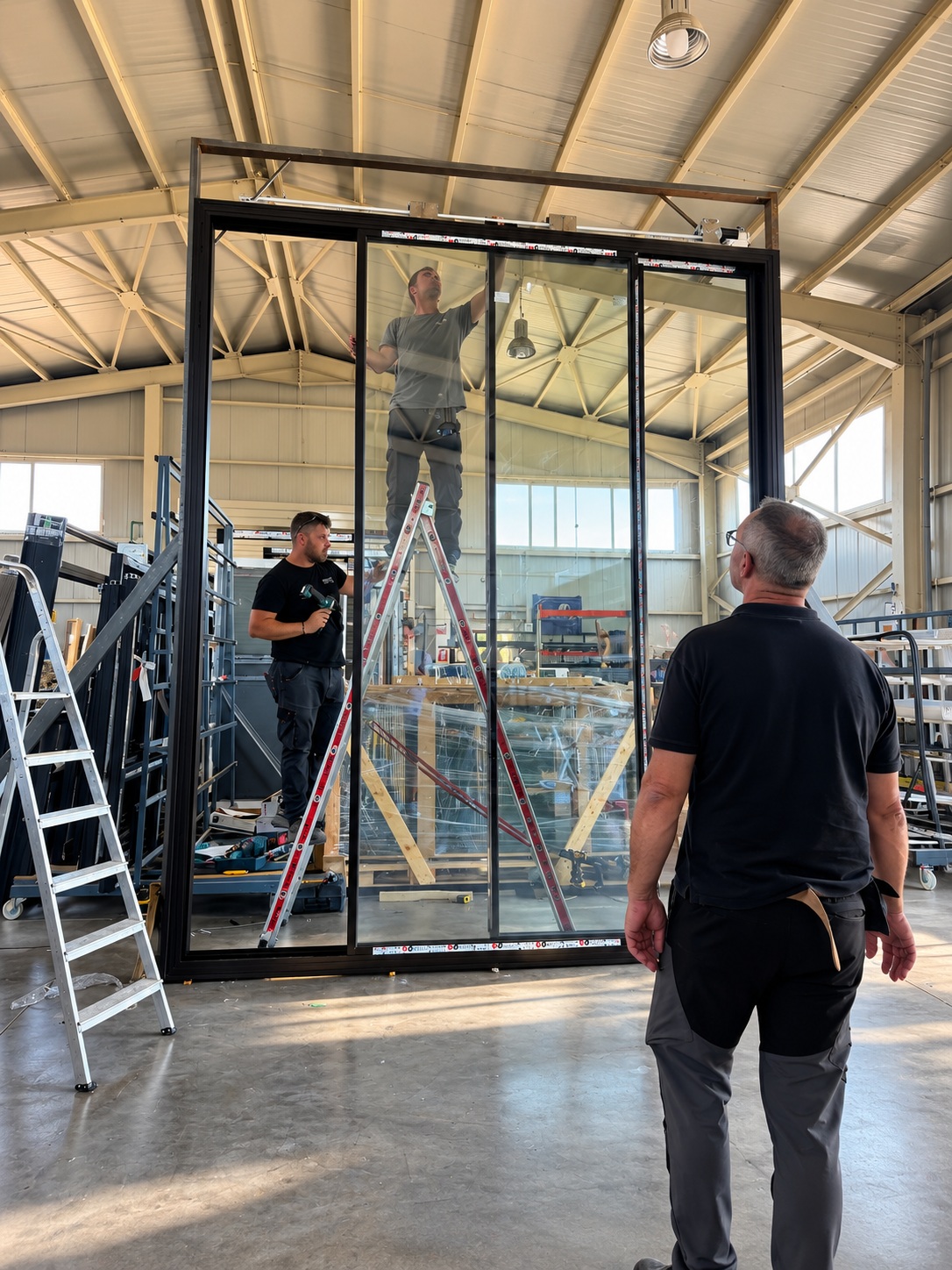Motorized EUROPA EMF60 Hybrid minimal sliding aluminium system during factory assembly at Mparolas