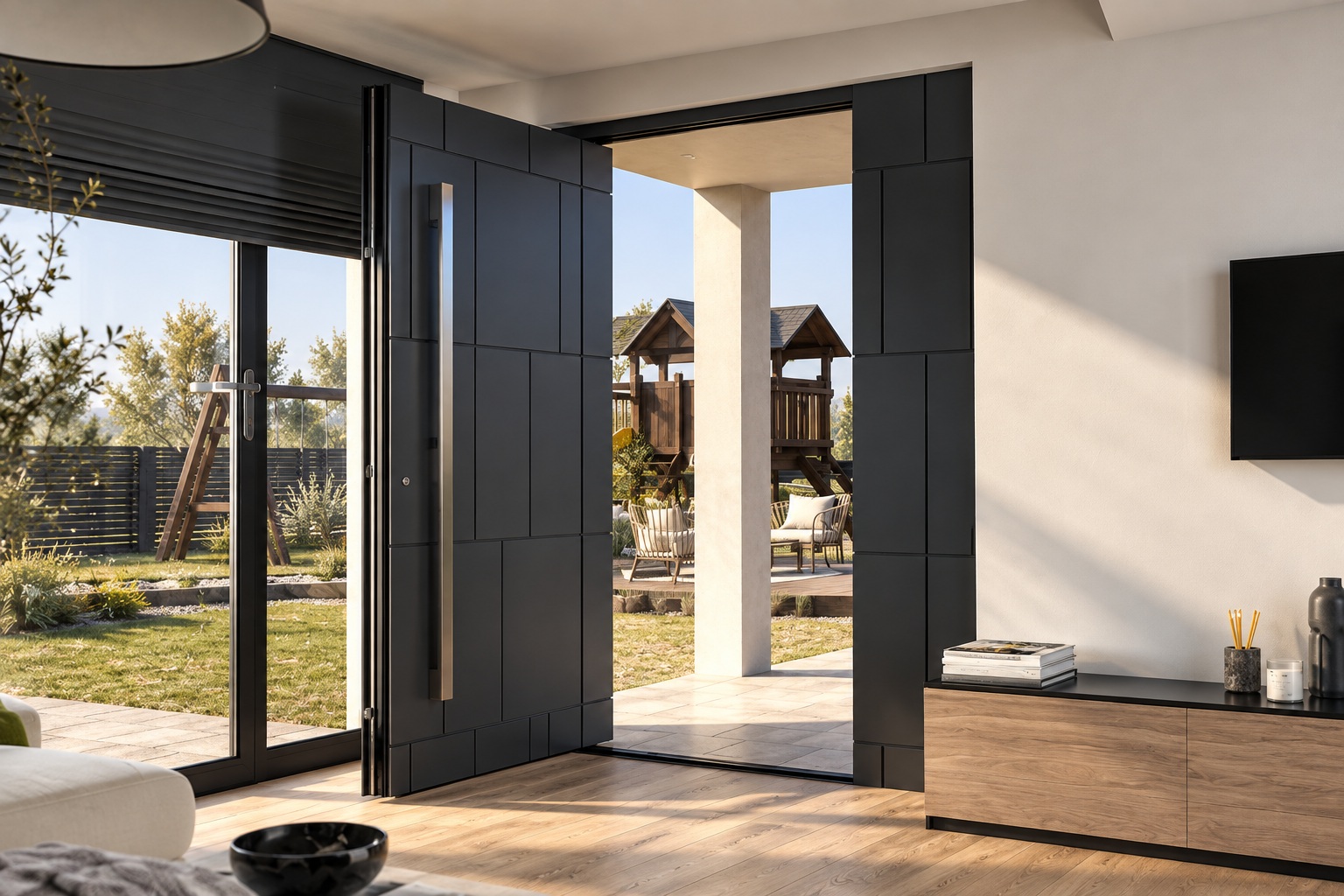 Large black aluminium pivot entrance door in modern residence