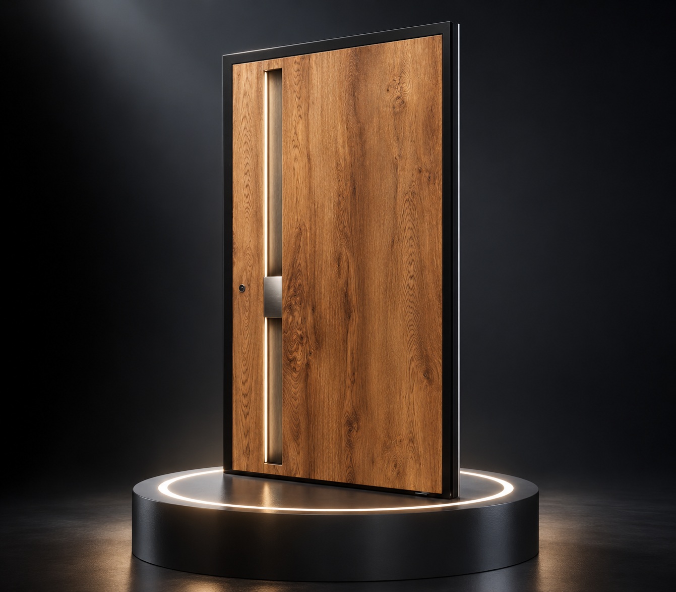 Wood finish aluminium pivot entrance door with LED handle