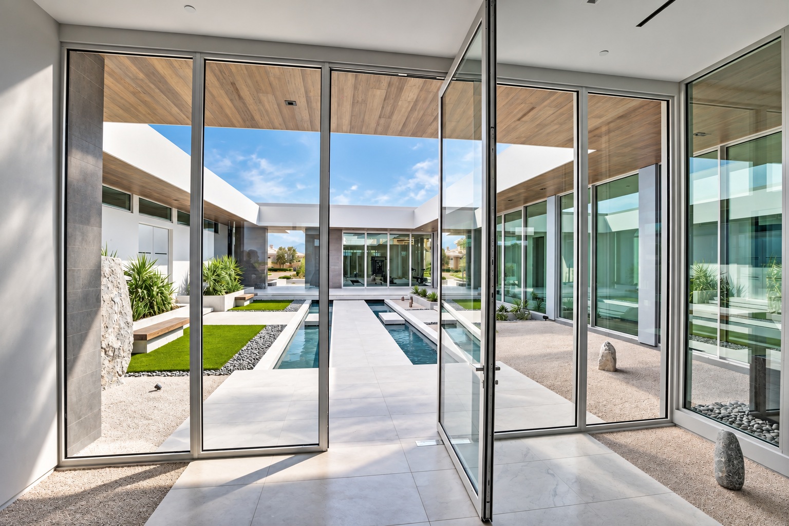 Reynaers ConceptSystem 77 aluminium doors with slim frames and large glazed panels in a modern residential courtyard