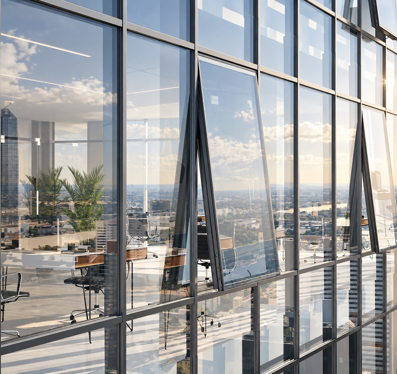 Reynaers ConceptWall 50 aluminium curtain wall façade with integrated opening vents and large glazed panels on a modern high-rise building