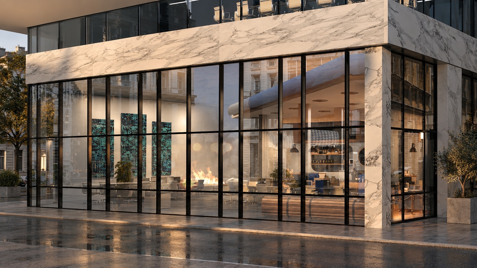 Reynaers CW 50 Fire Proof fire-resistant curtain wall façade with slim aluminium profiles and large glazed panels in a premium modern commercial building