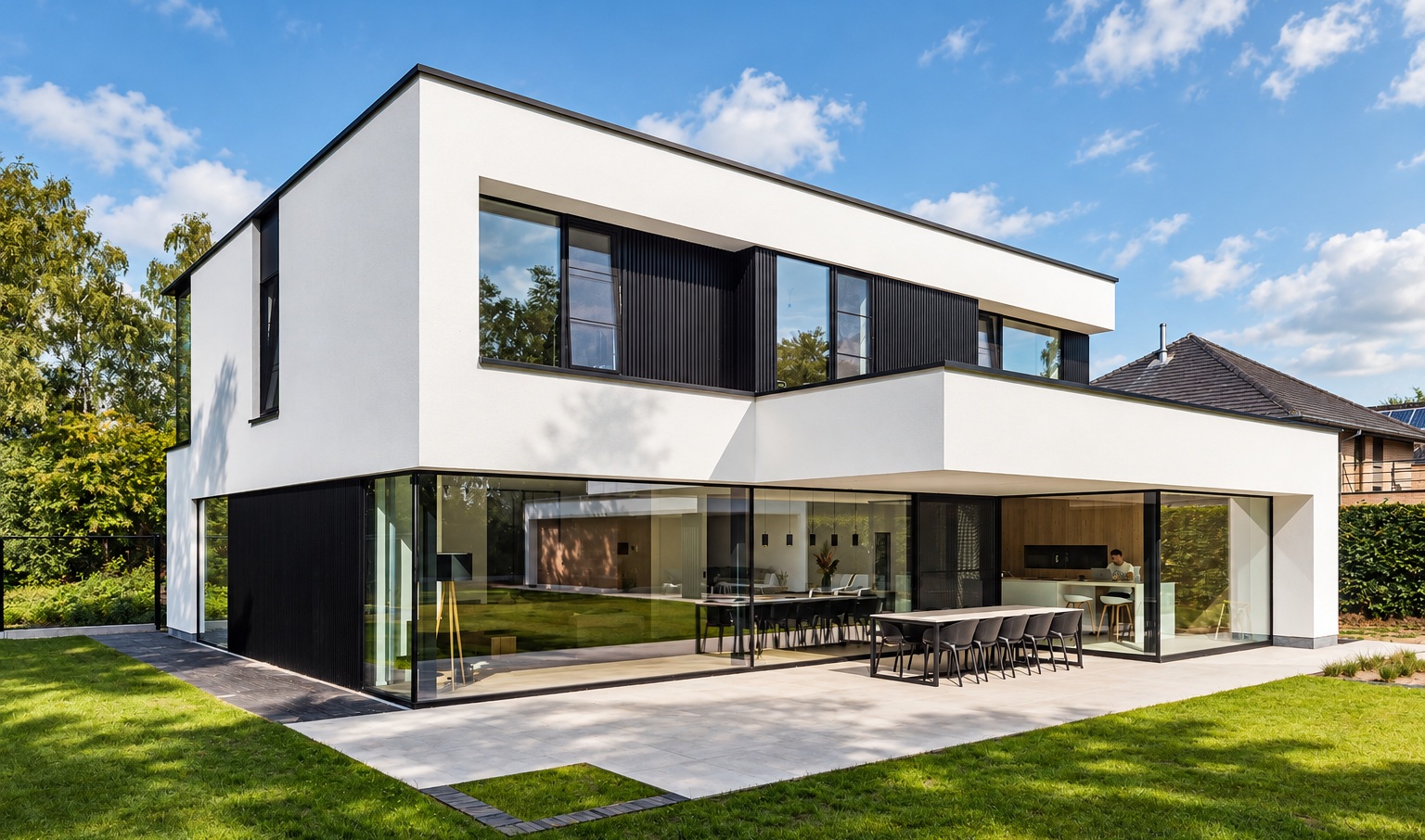 Reynaers MasterLine 10 high-performance aluminium windows with slim dark frames and large glazed openings in a modern luxury villa