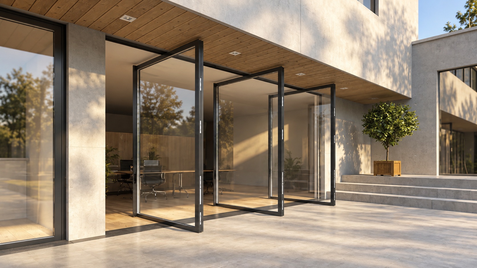 Reynaers MasterLine 8 aluminium pivot doors with large glazed panels and slim dark frames in a modern luxury villa