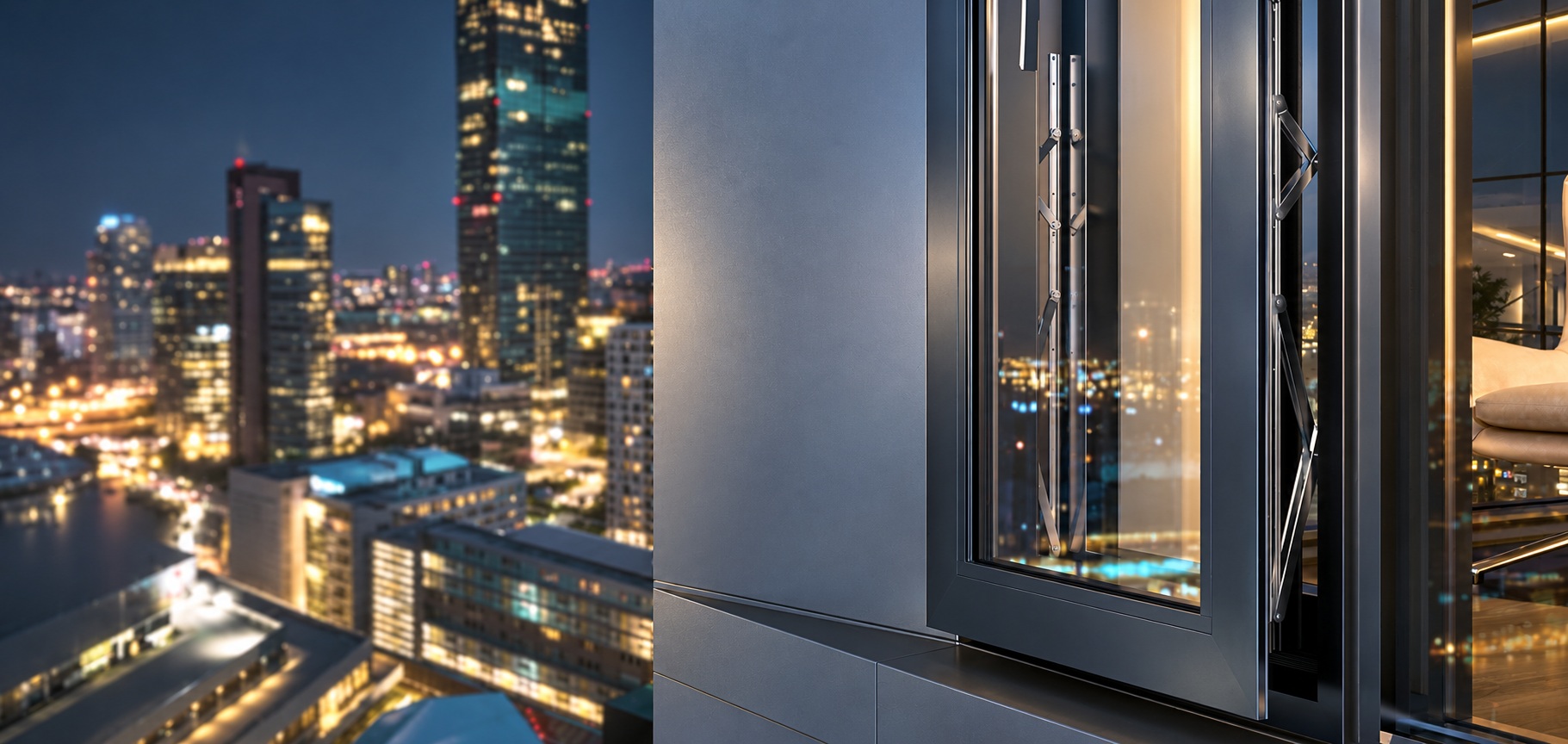 Reynaers MasterLine 8 SoftTone aluminium window system with dark frames and premium architectural detailing overlooking a modern city skyline