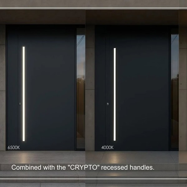 Integrated LED lighting on aluminium pivot entrance door