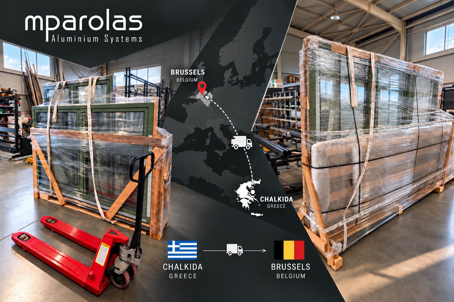 Mparolas aluminium windows prepared for export from Chalkida, Greece to Brussels, Belgium