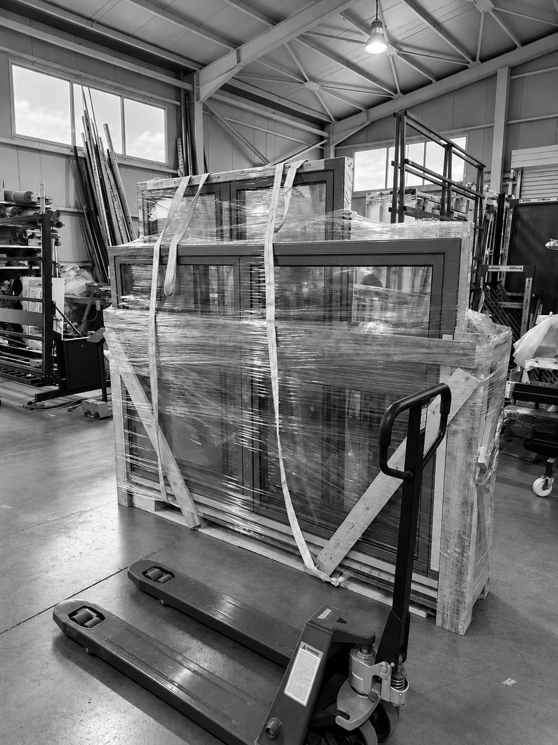 EUROPA EOS 78 Hybrid aluminium windows ready for export at Mparolas factory in Chalkida Greece