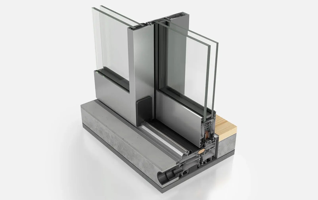 3D technical section of ELVIAL SL50 HI2 Classic lift and slide aluminium door showing glazing profiles rollers and integrated floor drainage
