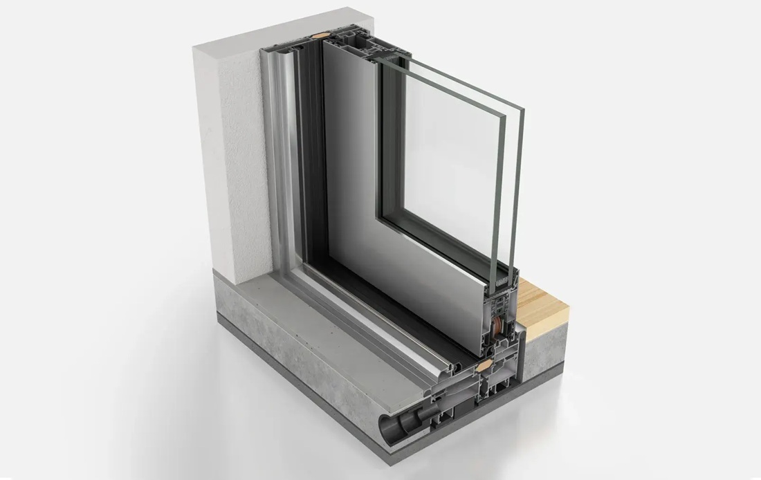 ELVIAL SL50 HI2 Classic aluminium sliding door technical cutaway showing recessed frame installation and floor integration